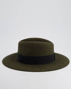 Maison Michel Paris Dark Green Wool Felt Hat with Black Bandeaux Detail