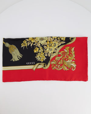 Gucci Red Silk Scarf with Gold Floral Print Detail Size 90x90cm