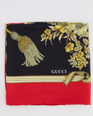 Gucci Red Silk Scarf with Gold Floral Print Detail Size 90x90cm