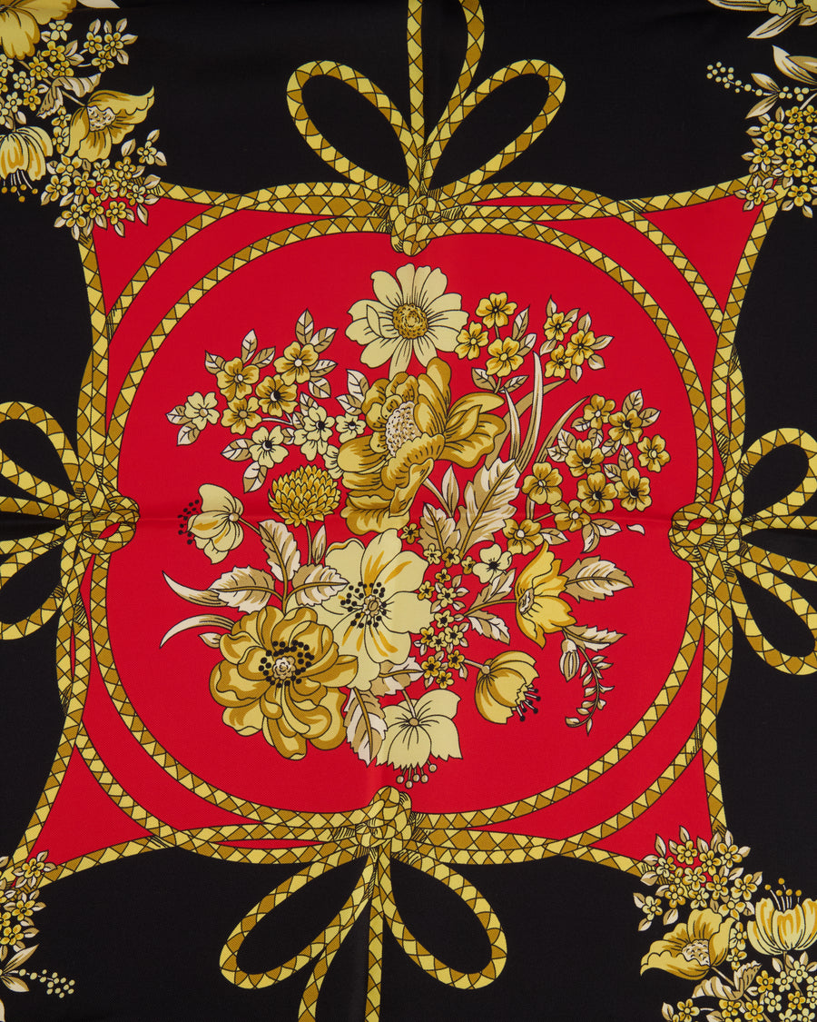 Gucci Red Silk Scarf with Gold Floral Print Detail Size 90x90cm