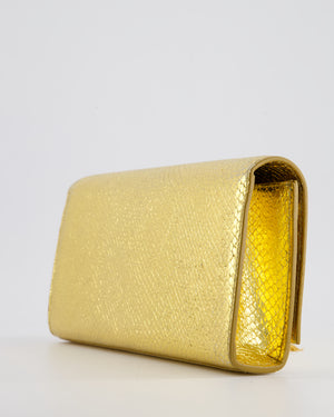 Saint Laurent Gold Python Embossed Leather Kate Clutch Bag with Gold Hardware and Tassel Chain Detail