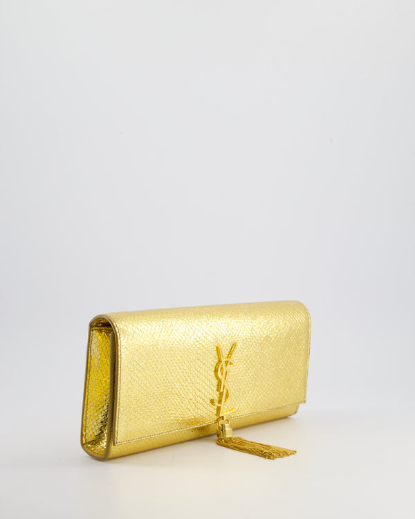 Saint Laurent Gold Python Embossed Leather Kate Clutch Bag with Gold Hardware and Tassel Chain Detail