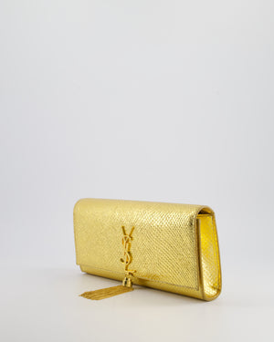 Saint Laurent Gold Python Embossed Leather Kate Clutch Bag with Gold Hardware and Tassel Chain Detail