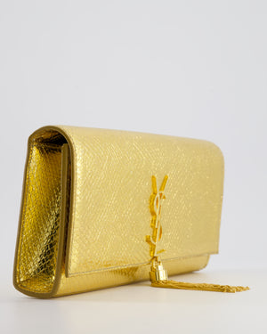 Saint Laurent Gold Python Embossed Leather Kate Clutch Bag with Gold Hardware and Tassel Chain Detail