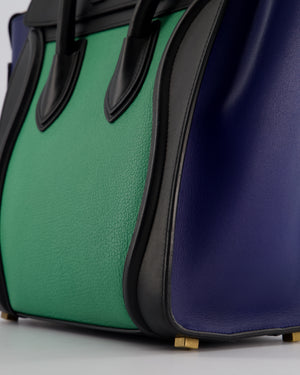 Celine Green, Black and Navy Tri-Colour Luggage Hand Bag in Calfskin Leather with Gold Hardware