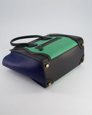 Celine Green, Black and Navy Tri-Colour Luggage Hand Bag in Calfskin Leather with Gold Hardware