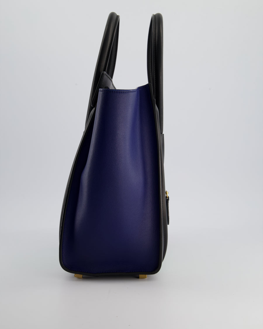 Celine Green, Black and Navy Tri-Colour Luggage Hand Bag in Calfskin Leather with Gold Hardware