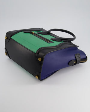 Celine Green, Black and Navy Tri-Colour Luggage Hand Bag in Calfskin Leather with Gold Hardware