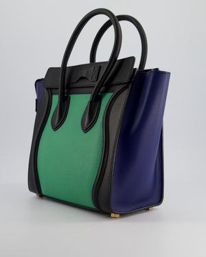 Celine Green, Black and Navy Tri-Colour Luggage Hand Bag in Calfskin Leather with Gold Hardware