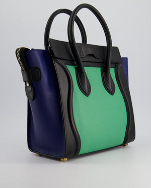 Celine Green, Black and Navy Tri-Colour Luggage Hand Bag in Calfskin Leather with Gold Hardware