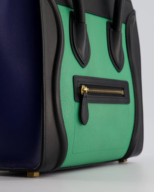 Celine Green, Black and Navy Tri-Colour Luggage Hand Bag in Calfskin Leather with Gold Hardware