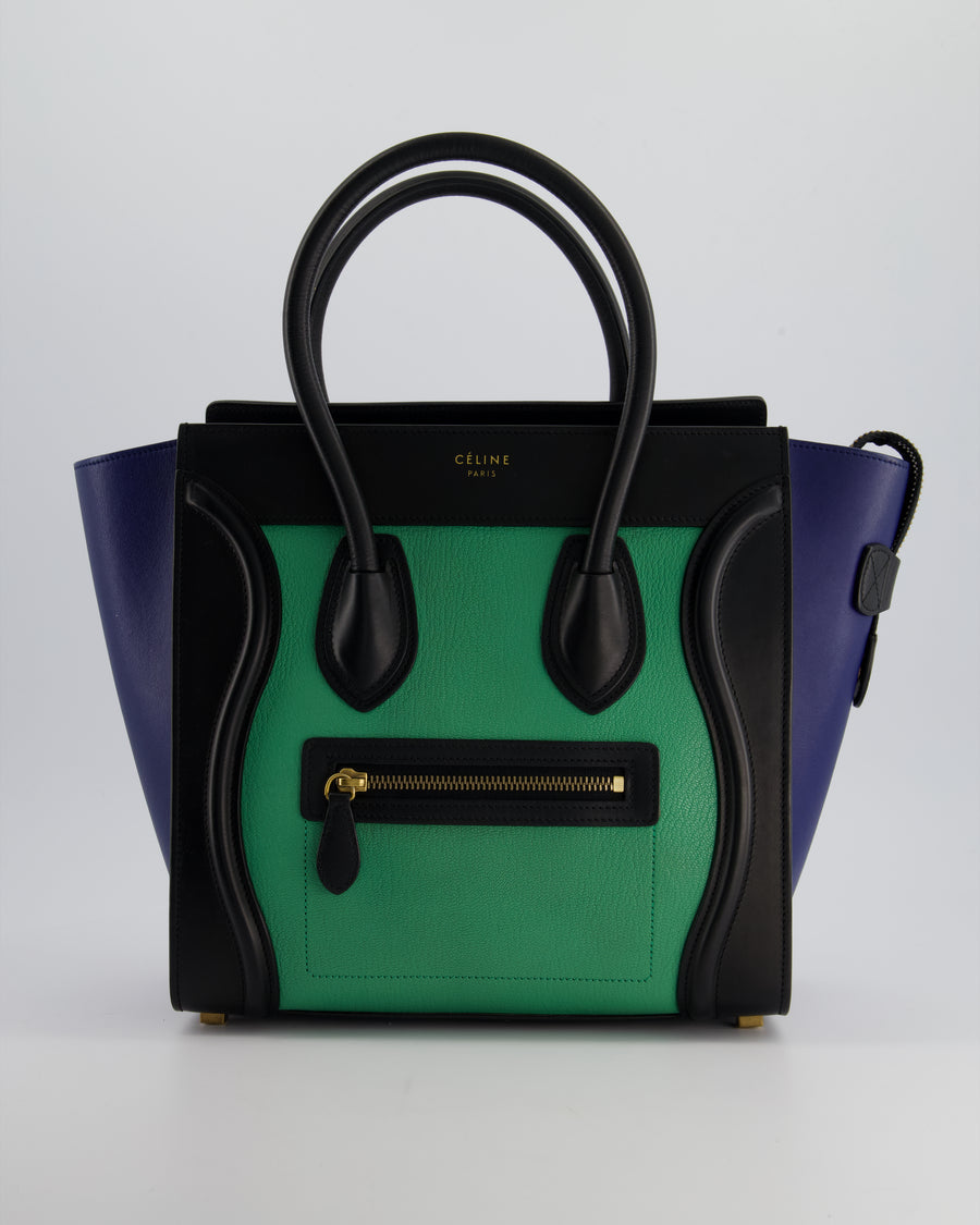 Celine Green, Black and Navy Tri-Colour Luggage Hand Bag in Calfskin Leather with Gold Hardware