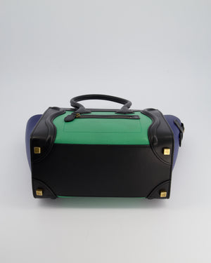 Celine Green, Black and Navy Tri-Colour Luggage Hand Bag in Calfskin Leather with Gold Hardware