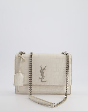 Saint Laurent Ivory Croc-Embossed Small Sunset Bag with Silver Hardware