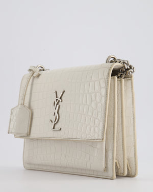 Saint Laurent Ivory Croc-Embossed Small Sunset Bag with Silver Hardware