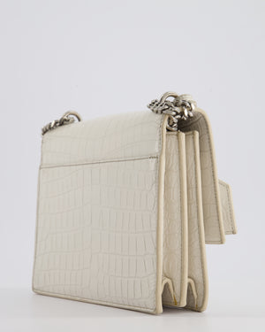 Saint Laurent Ivory Croc-Embossed Small Sunset Bag with Silver Hardware