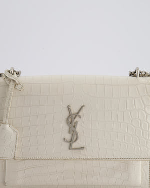 Saint Laurent Ivory Croc-Embossed Small Sunset Bag with Silver Hardware