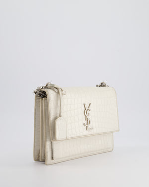 Saint Laurent Ivory Croc-Embossed Small Sunset Bag with Silver Hardware