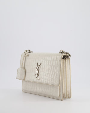 Saint Laurent Ivory Croc-Embossed Small Sunset Bag with Silver Hardware