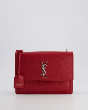 Saint Laurent Red Medium Leather Sunset Bag in Grained Calfskin Leather with Antique Silver Hardware &amp; Leather Strap RRP £1,930