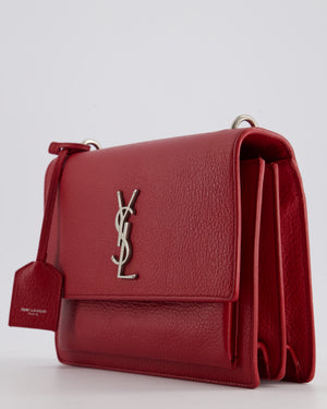 Saint Laurent Red Medium Leather Sunset Bag in Grained Calfskin Leather with Antique Silver Hardware &amp; Leather Strap RRP £1,930