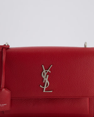 Saint Laurent Red Medium Leather Sunset Bag in Grained Calfskin Leather with Antique Silver Hardware &amp; Leather Strap RRP £1,930