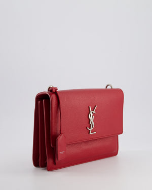 Saint Laurent Red Medium Leather Sunset Bag in Grained Calfskin Leather with Antique Silver Hardware &amp; Leather Strap RRP £1,930