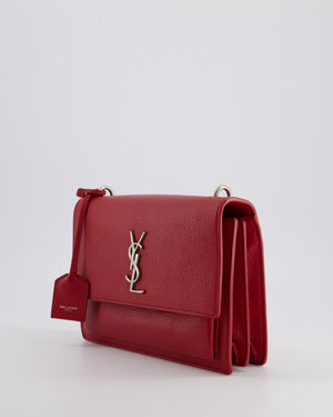 Saint Laurent Red Medium Leather Sunset Bag in Grained Calfskin Leather with Antique Silver Hardware &amp; Leather Strap RRP £1,930