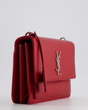 Saint Laurent Red Medium Leather Sunset Bag in Grained Calfskin Leather with Antique Silver Hardware &amp; Leather Strap RRP £1,930