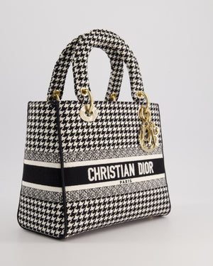 *RARE* Christian Dior Black 
White Houndstooth Medium Lady Dior Bag in Canvas with Champagne Gold Hardware