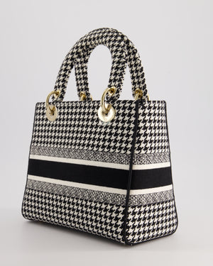 *RARE* Christian Dior Black 
White Houndstooth Medium Lady Dior Bag in Canvas with Champagne Gold Hardware