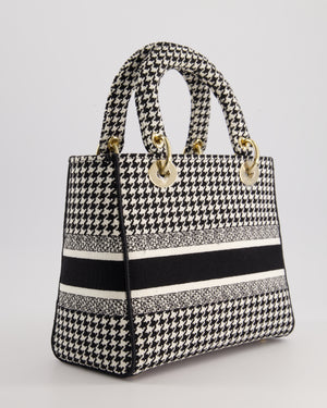 *RARE* Christian Dior Black 
White Houndstooth Medium Lady Dior Bag in Canvas with Champagne Gold Hardware