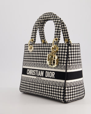 *RARE* Christian Dior Black 
White Houndstooth Medium Lady Dior Bag in Canvas with Champagne Gold Hardware