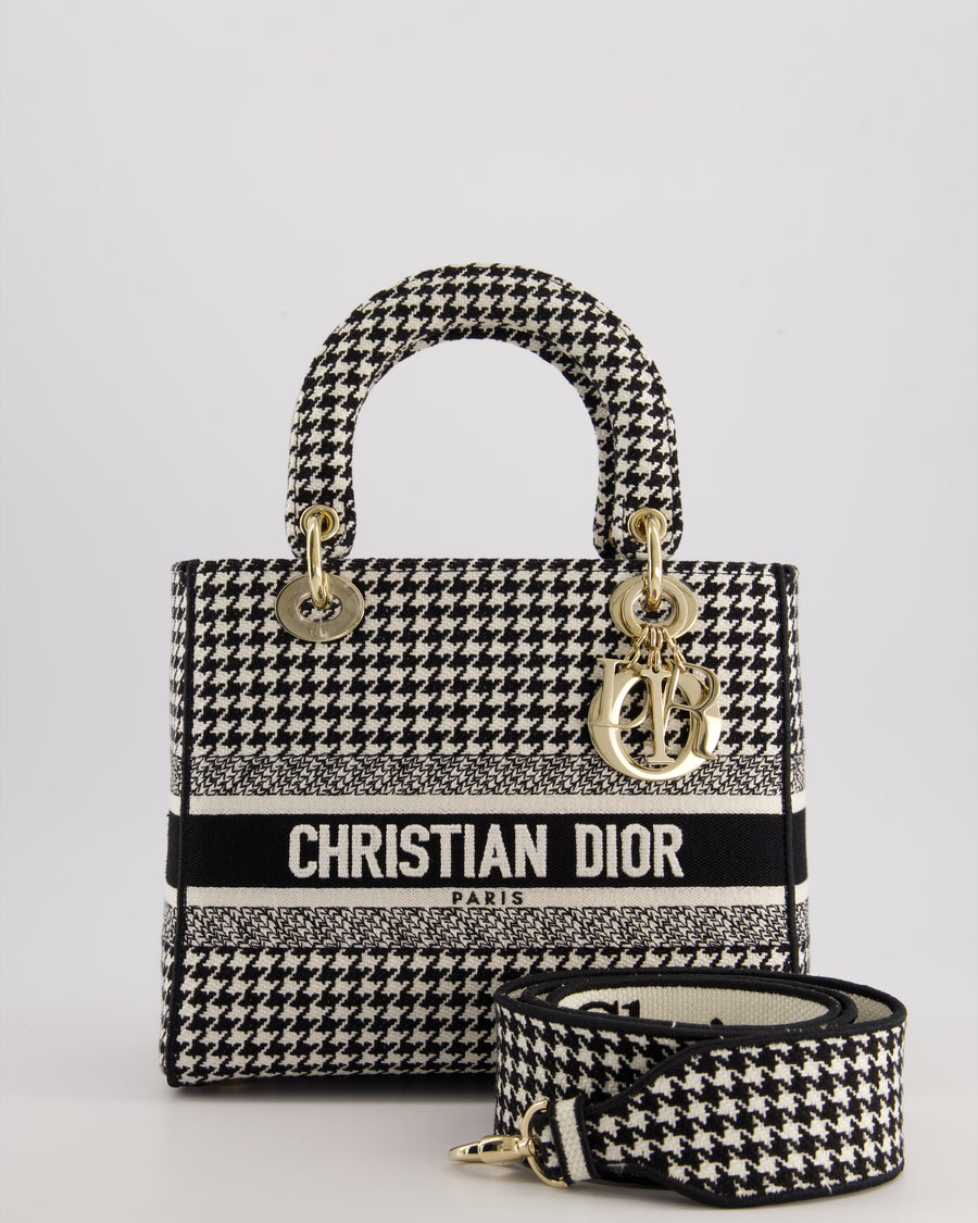 *RARE* Christian Dior Black 
White Houndstooth Medium Lady Dior Bag in Canvas with Champagne Gold Hardware