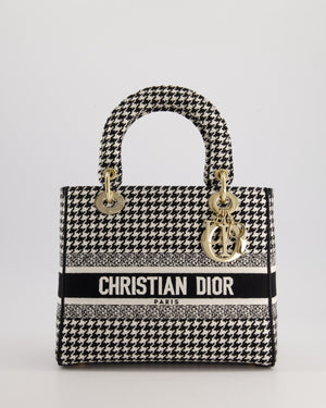 *RARE* Christian Dior Black 
White Houndstooth Medium Lady Dior Bag in Canvas with Champagne Gold Hardware