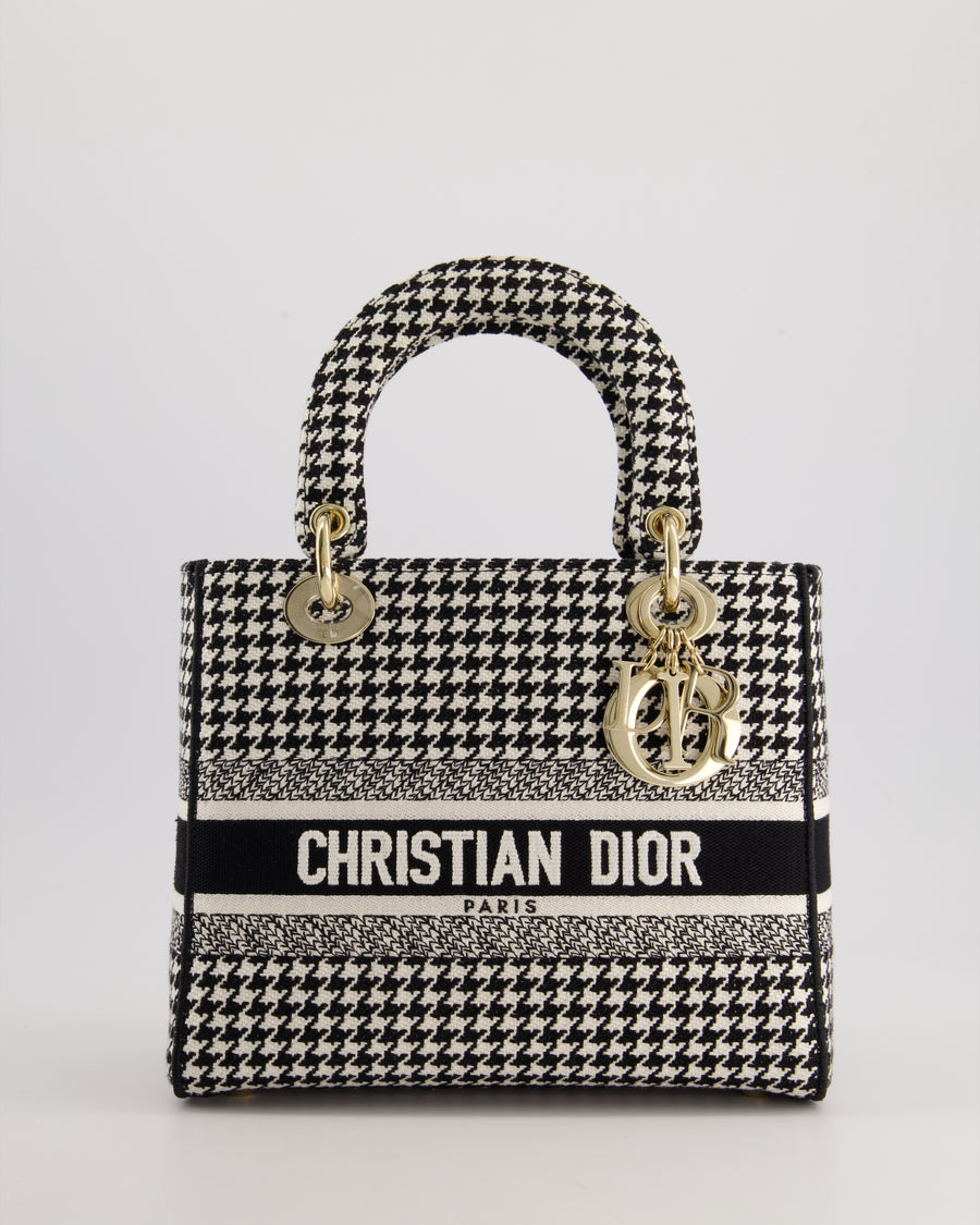 *RARE* Christian Dior Black 
White Houndstooth Medium Lady Dior Bag in Canvas with Champagne Gold Hardware