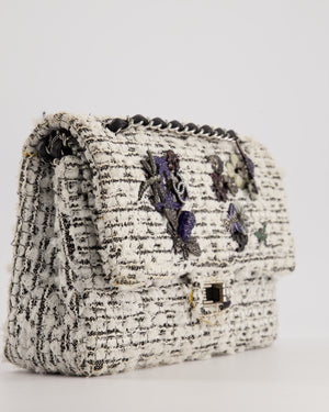 Chanel White and Black Tweed Medium Reissue Double Flap Bag with Embellished Detail and Gun-Metal Hardware RRP £8,180