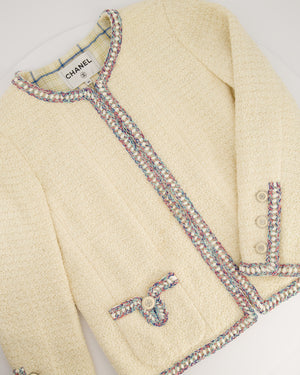 Chanel Cream Tweed Jacket With Blue 
Red Metallic Woven Trim and Silver CC Button Detail Size FR 40 (UK 12)