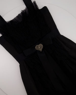 Chanel Black Silk Gown With Lace Overlay and Silver CC Heart Detail Size FR 38 (UK 10)