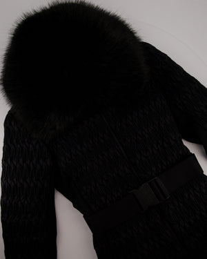 Moncler Black Grenoble Ruched Ski Jacket with Belt and Black Faux Fur Trim Size 2 (UK 12)