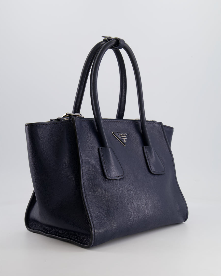 Prada Navy Leather Medium Tote Bag with Logo and Silver Hardware RRP £1,950