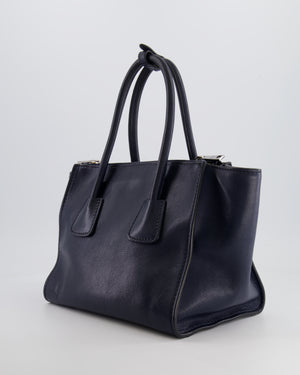 Prada Navy Leather Medium Tote Bag with Logo and Silver Hardware RRP £1,950