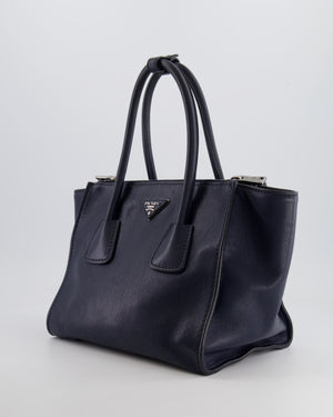 Prada Navy Leather Medium Tote Bag with Logo and Silver Hardware RRP £1,950