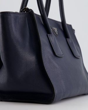 Prada Navy Leather Medium Tote Bag with Logo and Silver Hardware RRP £1,950