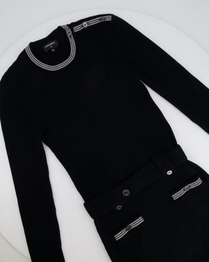 Chanel 22C Dubai Black 
White Belted Knit Dress with Button Detail Size FR 36 (UK 8)