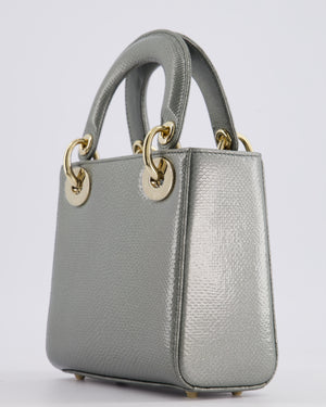 Christian Dior Light Grey Metallic Lizard Mini Lady Dior Bag with Champagne Gold Hardware