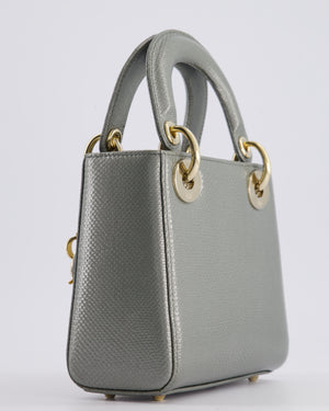 Christian Dior Light Grey Metallic Lizard Mini Lady Dior Bag with Champagne Gold Hardware