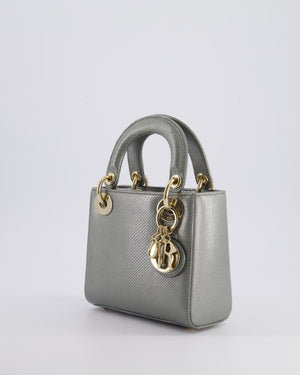 Christian Dior Light Grey Metallic Lizard Mini Lady Dior Bag with Champagne Gold Hardware