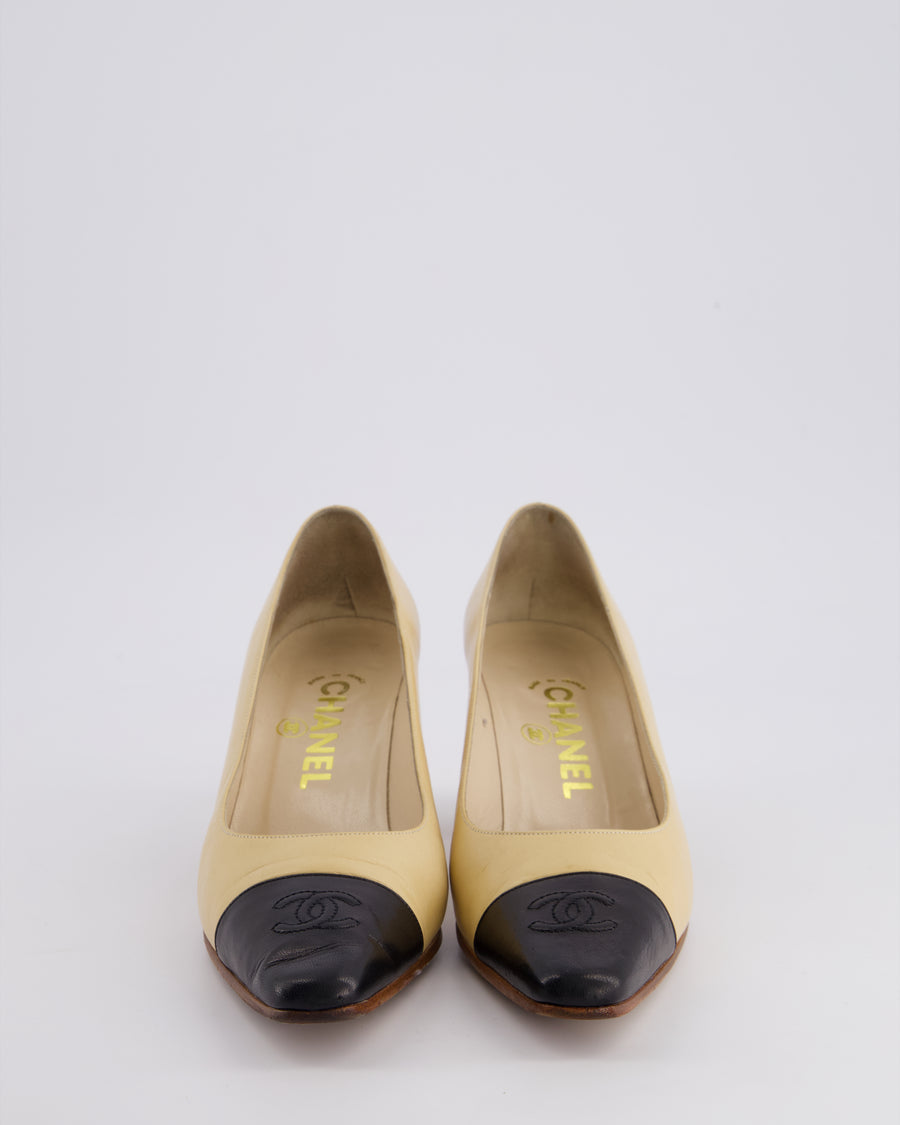 Chanel Vintage Beige, Black Pointed Leather Heels with CC Logo Detail Size EU 37.5