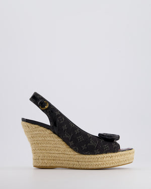 Louis Vuitton Black Denim Monogram Raffia Wedge Slingback Heel Size EU 37.5